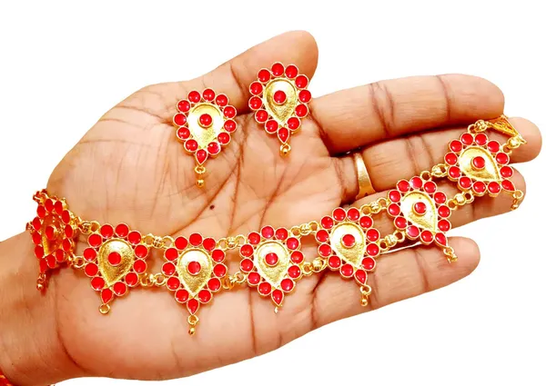 Assamese_Traditional_Gold_Plated_Red_Colour_Golpata_Necklace_Set_For_Women